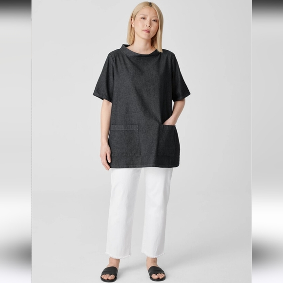 EUC EILEEN FISHER AIRY ORGANIC COTTON TWILL MOCK NECK TOP SZ M - Picture 4 of 12